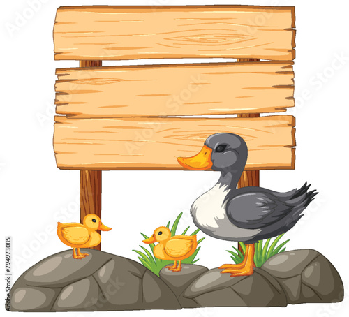 Cartoon ducks near a blank wooden signpost.
