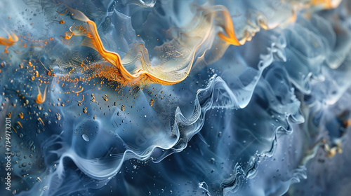 abstract of golden and blue waves interacting, blue tones, smooth, wavy texture, watery substance, fluid, droplets, dynamic nature and natural dance photo
