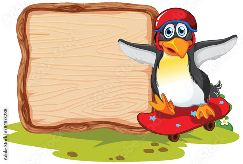 Cartoon penguin on skateboard beside blank sign.