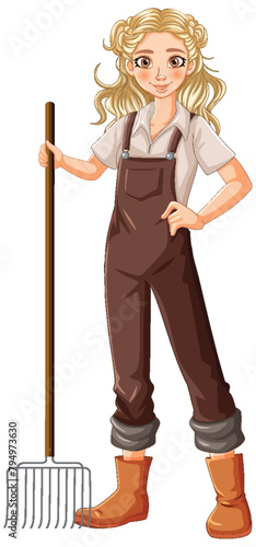 Vector illustration of a young woman holding a rake