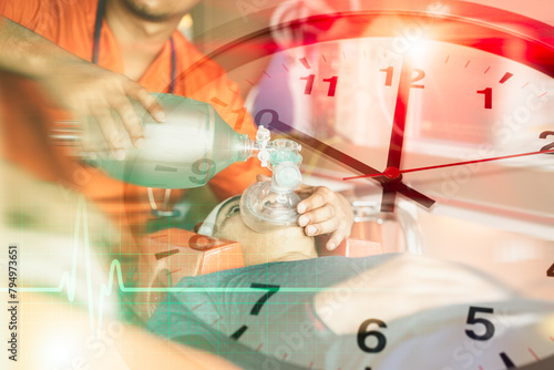 mobile emergency medical team speed help injured race against time concept. paramedics working resuscitator overlay times clock face. photo