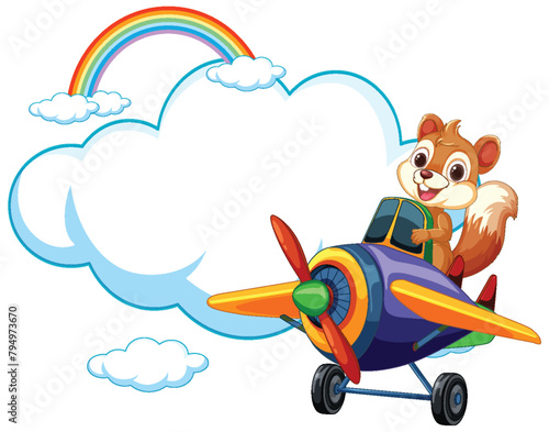 Cartoon squirrel flying a plane with rainbow