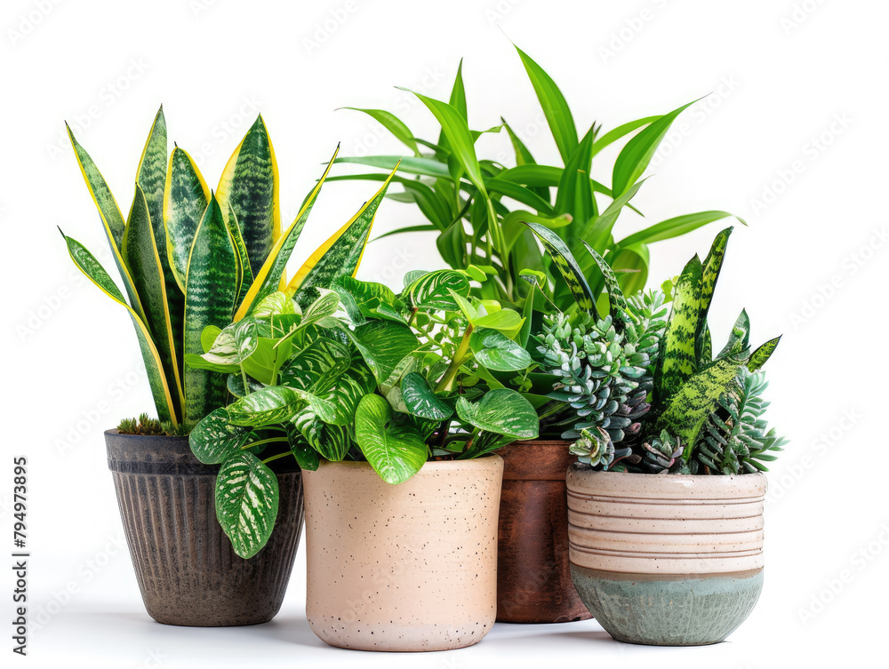 Potted plants isolated on white background. Collection of various houseplants in pots. Plant decoration, home gardening, and clean air concept for design and advertising. Ai generation