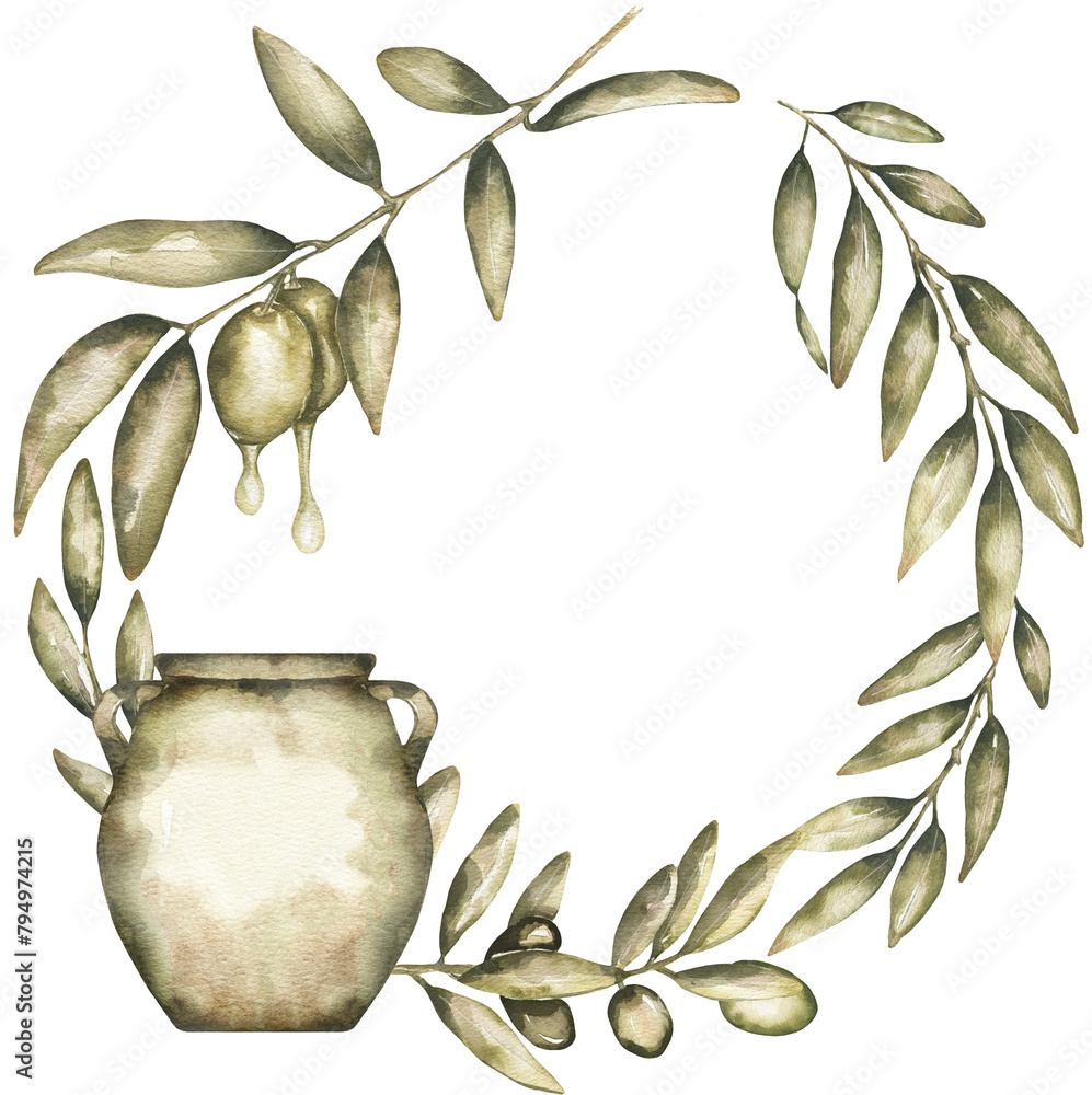 Watercolor olive wreath with green olives oil bottle wreath clipart ...