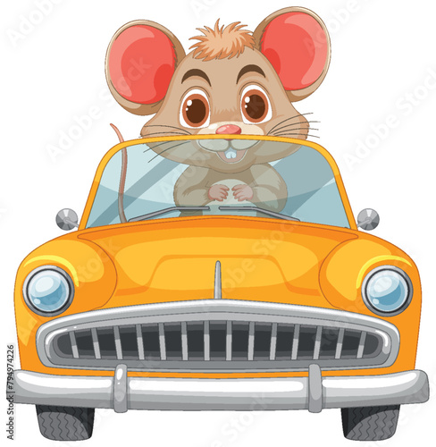 Adorable cartoon mouse driving a vintage car