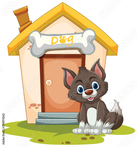 Cheerful cartoon puppy sitting by its doghouse
