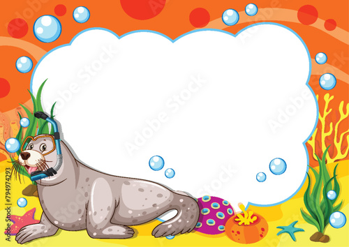 Cartoon seal with bubbles and colorful underwater scene.