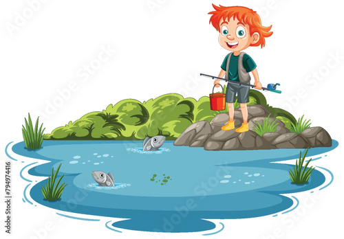 A cheerful young boy fishing by a serene pond