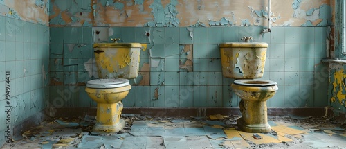 Decaying Toilets in Derelict Houses: A Detailed Exploration. Concept Abandoned Buildings, Urban Decay, Interior Photography, Neglected Architecture, Haunting Scenes photo