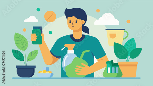 A person making their own organic cleaning supplies from common household items saving money on expensive storebought cleaners while also