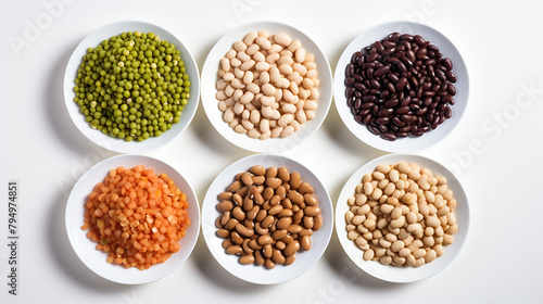 Cereal grains ,seeds, beans with black sesame, white sesame and barley. Group of mung bean, groundnut, soybean, millet, black bean and red bean. isolated on white background.