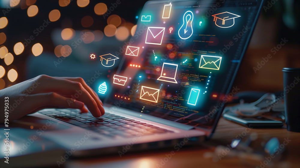 Online Education Concept with Floating Icons Above Laptop Online Education Concept with Floating Icons Above Laptop