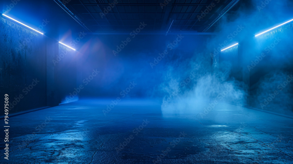 A large, empty room with blue lighting and a thick, hazy fog. The room is dimly lit and the fog is thick, creating a sense of mystery and unease