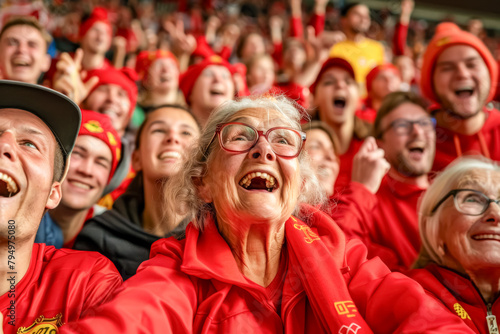 Belgian football soccer fans in a stadium supporting the national team, grandma, Rode Duivels, Diables Rouges  © PixelGallery