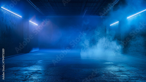A large, empty room with blue lighting and a thick, hazy fog. The room is dimly lit and the fog is thick, creating a sense of mystery and unease photo