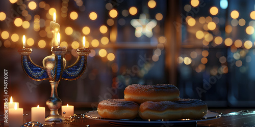Religion image of jewish holiday Hanukkah background with menorah traditional candelabra and candles, Traditional Hanukkah Candle Lighting: Menorah Background photo