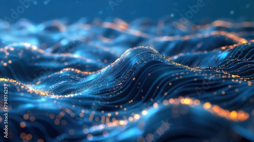 Glowing blue and yellow wireframe wavy topographic tech background. Generative AI
