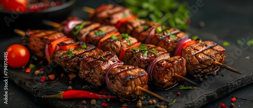 Succulent shish kebabs: tender meat cubes grilled to perfection. Concept Barbecue Techniques, Grilling Tips, Meat Recipes, Succulent Flavors photo