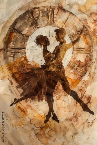 A mixed media artwork featuring the silhouette of a dancing couple overlaid on a vintage clock face and musical notes. The composition evokes a sense of timelessness, romance, and the beauty of dance.