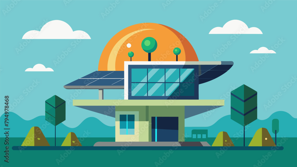 Naklejka premium A hightech futuristic home with a large rotating solar panel on its roof constantly adjusting to face the sun.