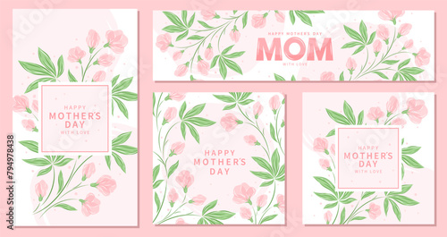 Mother's Day greeting cards set. Beautiful flowers in pastel colors. Vector illustration design for banner or poster