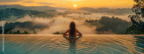 Serene Sunset at an Infinity Pool, Luxury Resort Vacation with Mountain Views in Tuscany