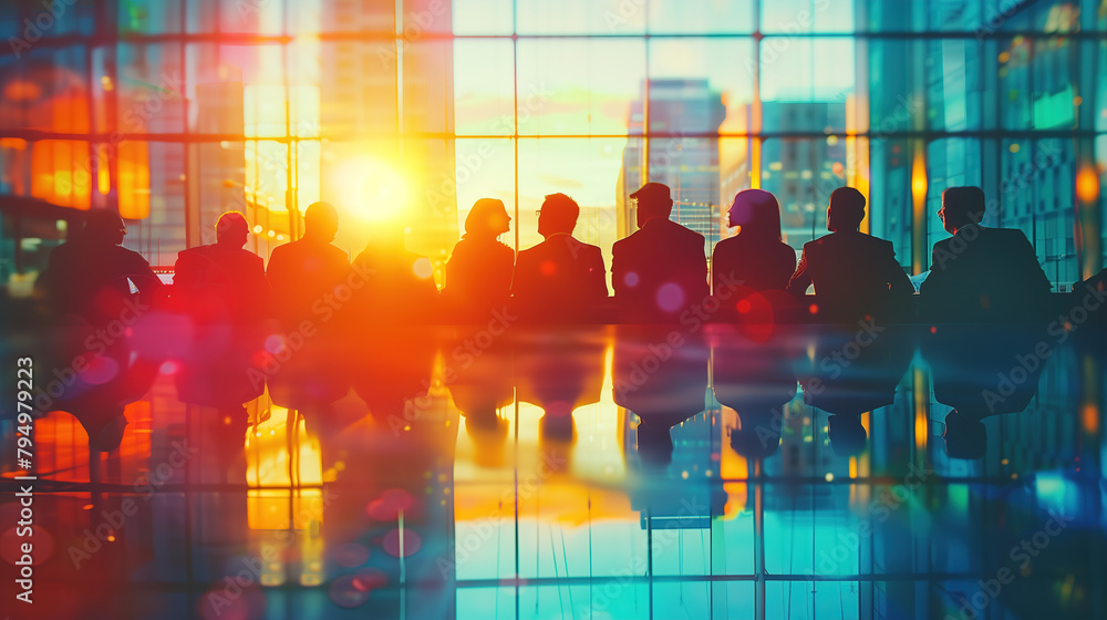 Fototapeta premium Silhouetted Business Professionals Gathering in Modern Office During Sunset