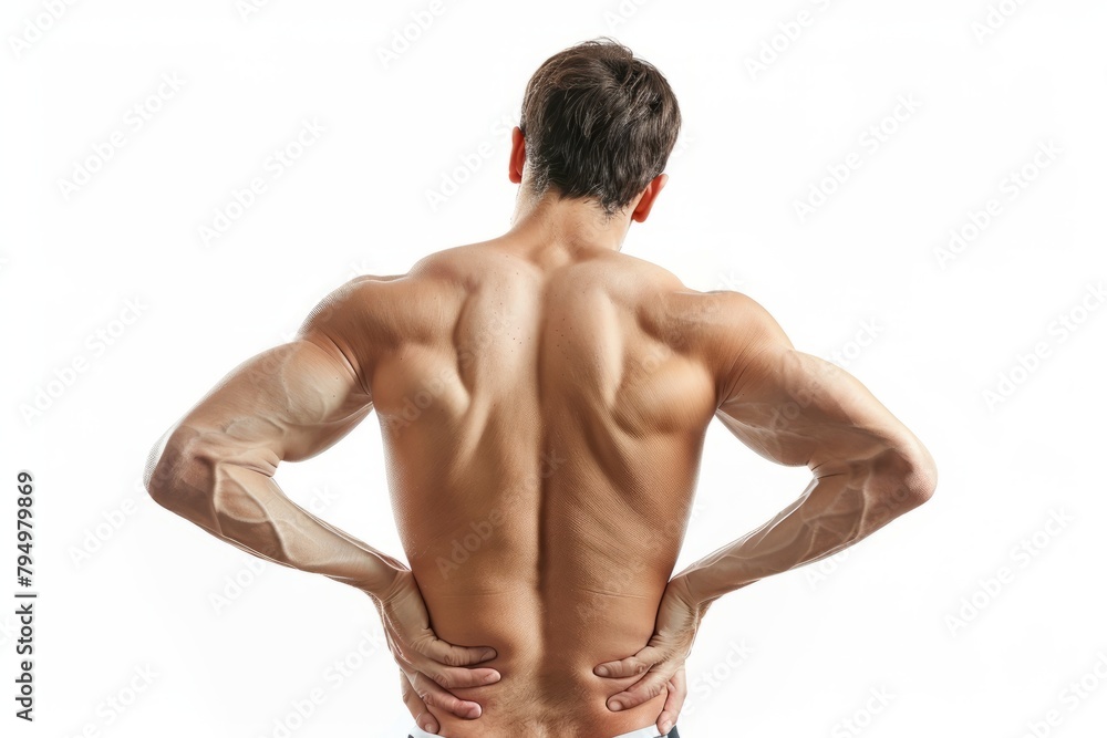 Man Suffering from Back Pain, Viewed from Behind, Isolated Generative Ai