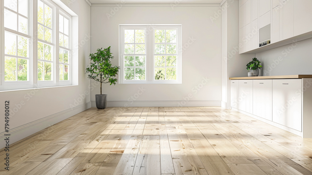 A large open room with a wooden floor and a potted plant. The room is very bright and airy, with sunlight streaming in through the windows. The kitchen area is also very clean and well-organized A large open room with a wooden floor and a potted plant. The room is very bright and airy, with sunlight streaming in through the windows. The kitchen area is also very clean and well-organized