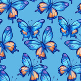 Vivid blue butterflies in a seamless pattern on a cerulean background.