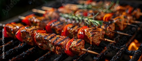 Grilled Shish Kebabs with Veggies on the Barbecue: A Favorite Summer Pastime. Concept Barbecue, Grilled Kebabs, Summer Pastime, Outdoor Cooking