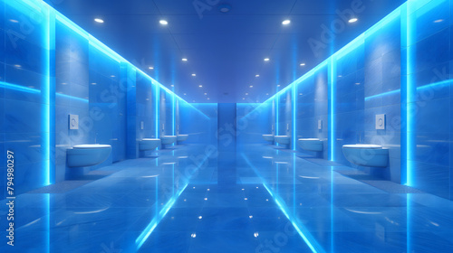 Modern Public Restroom Interior with Sleek Blue LED Lighting