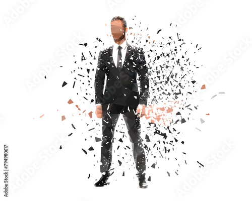 Businessman standing, isolated low poly vector illustration with shatter effect, front view