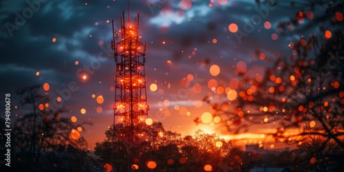 Playful 5G tower disguised as a giant swirled lollipop beaming connectivity signals  photo
