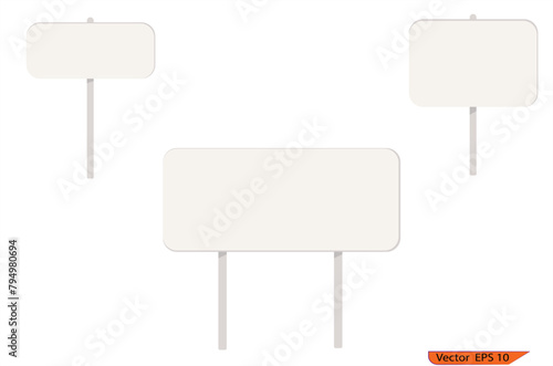 Blank white  traffic road sign set. Road signs. Billboard flat Set of different perspectives advertising construction, blank template. Mockup, vector illustration. 