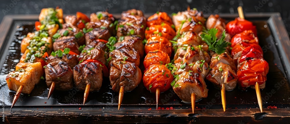 A tempting selection of global dishes from shish taouk to yakitori. Concept Global Cuisine, Shish Taouk, Yakitori, Tempting Dishes A tempting selection of global dishes from shish taouk to yakitori. Concept Global Cuisine, Shish Taouk, Yakitori, Tempting Dishes