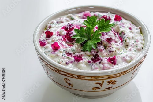 baba ganush in white bowl with parsley garnish photo