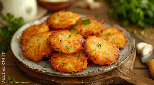 A plate of golden hash brown patties on a wooden kitchen table photo
