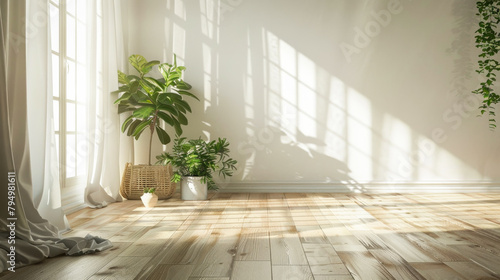 A large open room with a white wall and a window. A potted plant sits in the corner of the room