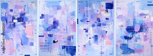 An abstract art piece featuring four posters, each displaying an array of pastel colored shapes and lines in shades of blue, pink, purple, and white. © Mirror Flow