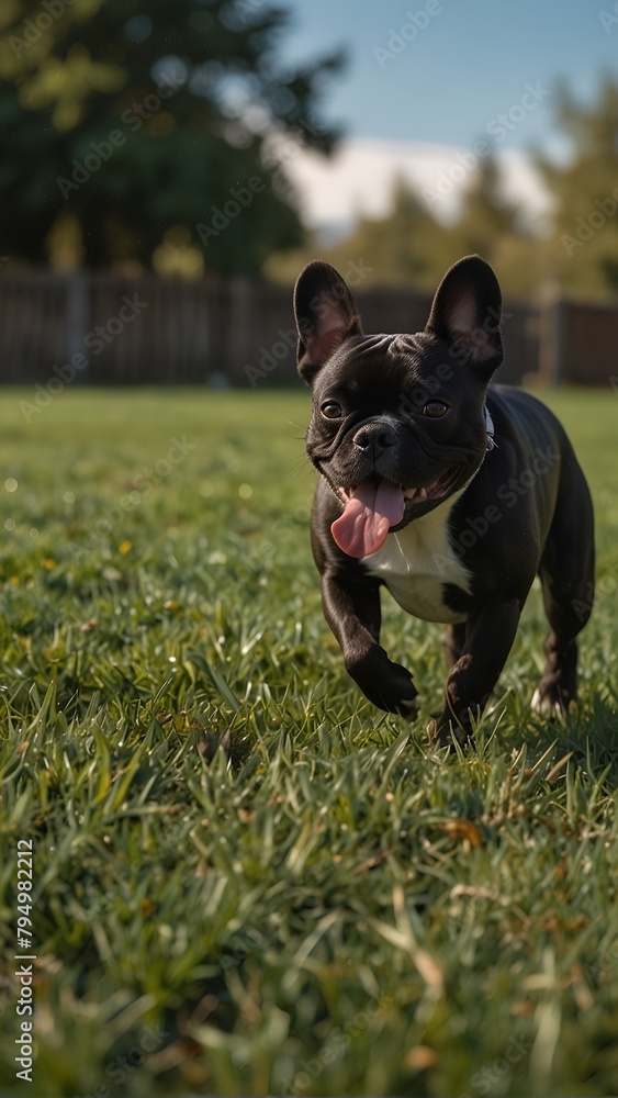 very cute black and striped French Bulldog is running happily on the grass