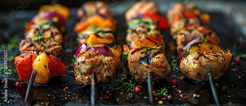 Grilled chicken and vegetable shish kebabs a popular summer outdoor dish. Concept Grilling Techniques, Seasonal Recipes, Outdoor Entertaining, Food Photography, Healthy Cooking photo