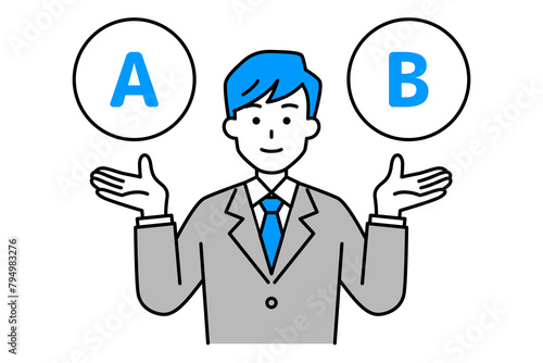AとBの選択肢を提案するスーツの男性