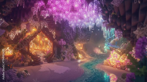 A secret fairy residence tucked within the glittering walls of a crystal cave. AI Generative photo