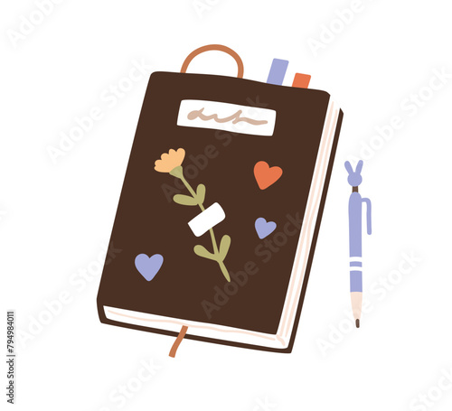 Sketchbook, scrapbook and pen. Notebook, notepad with creative stickers, bookmarks. Sketch book with pencil. Cute diary for journaling, drawing. Flat vector illustration isolated on white background