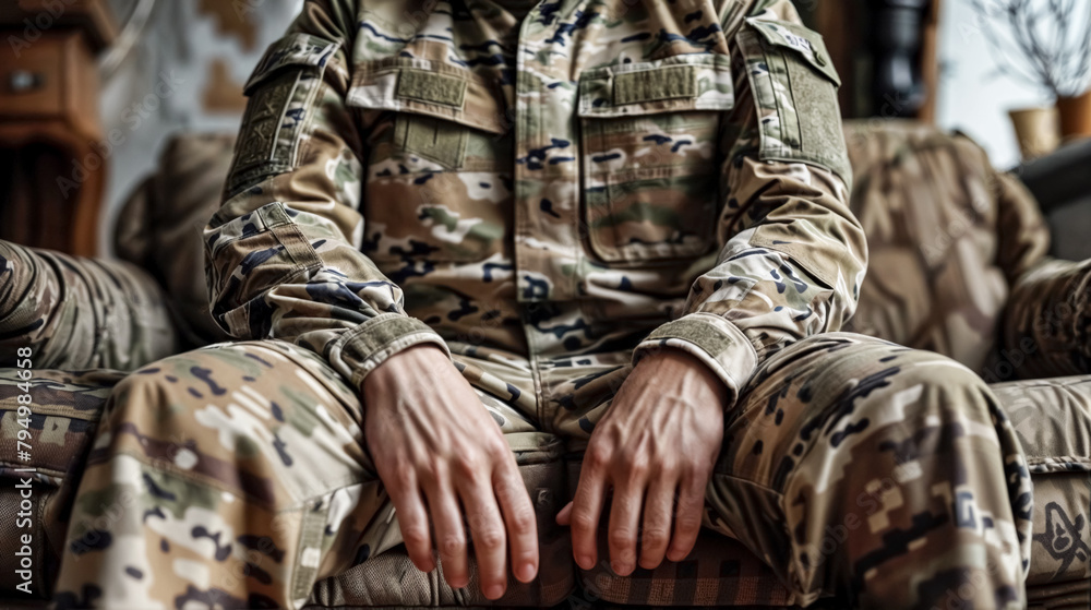 Soldier in camouflage clothing sitting on couch with their hands in their lap. Loneliness and depression at home after returning from military service.