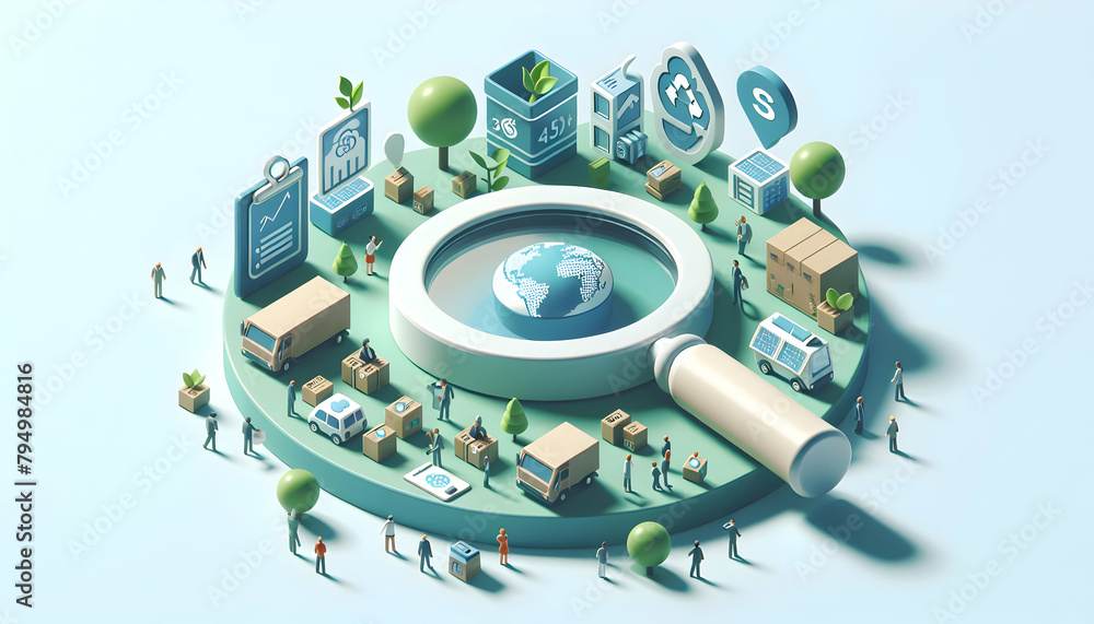 3D Isometric Scene: Magnifying Glass Scoping Sustainable and Eco-Friendly Business Strategies