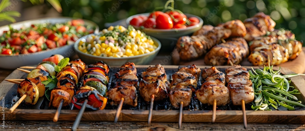Delicious Summer BBQ Menu: Grilled Shish Kebabs, Corn Salad, Fried Chicken, and More. Concept Summer BBQ, Grilled Shish Kebabs, Corn Salad, Fried Chicken, Menu Suggestions