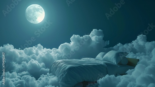 Peaceful night's sleep visualized with a bed enfolded in clouds, under the gentle watch of a bright moon