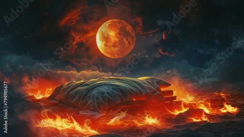 Dreamy visualization, bed cradled by gentle flames under a night sky with a blood moon, ethereal watchful eyes gazing down